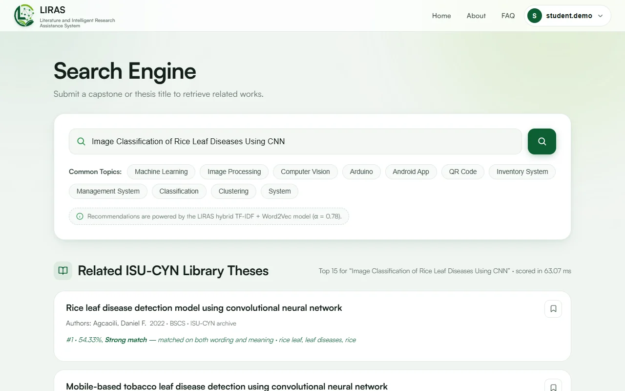 The LIRAS search page showing ranked results for a thesis title